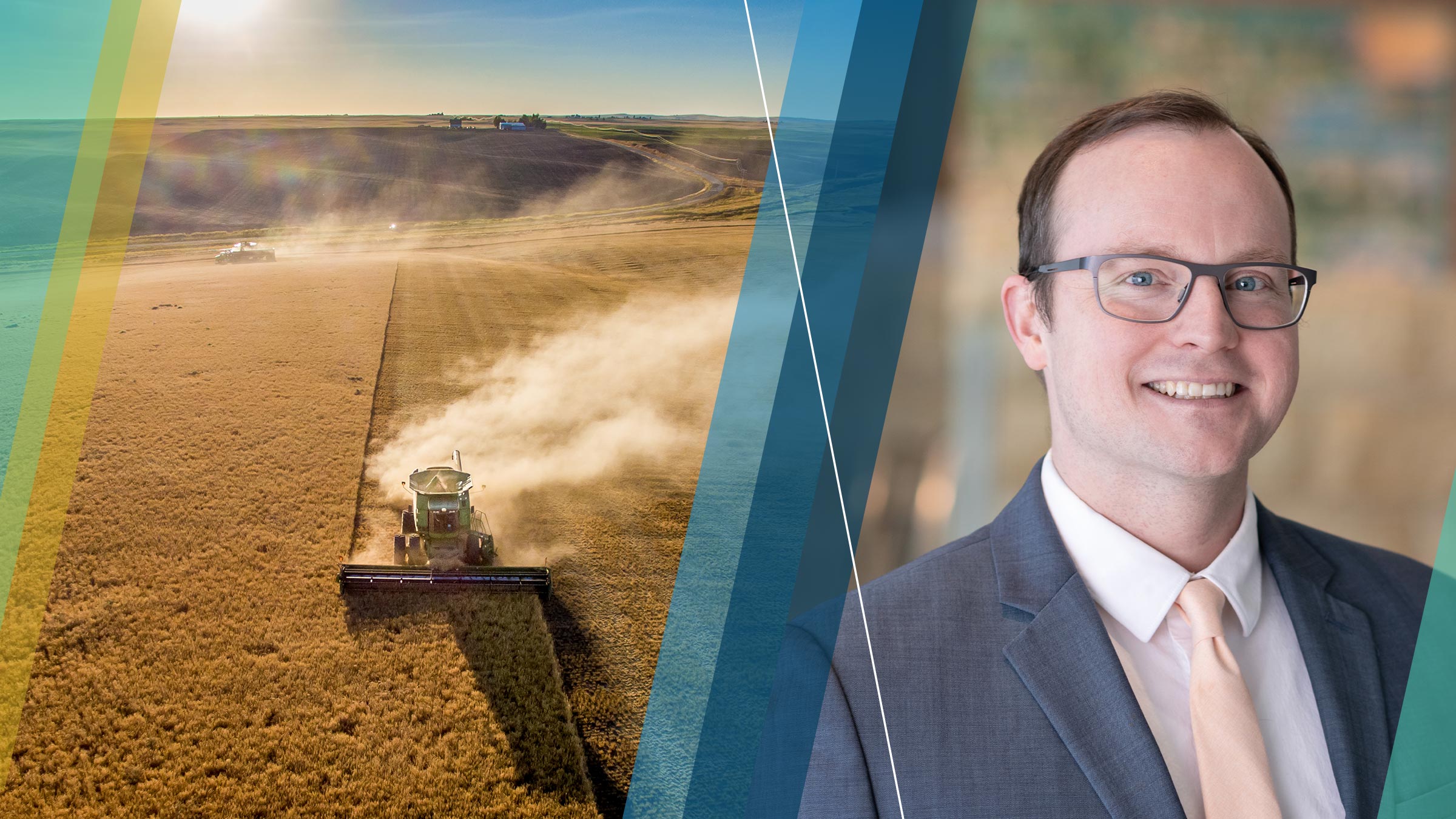 An image of harvesters harvesting a wheat field beside an image of Joe Mahon
