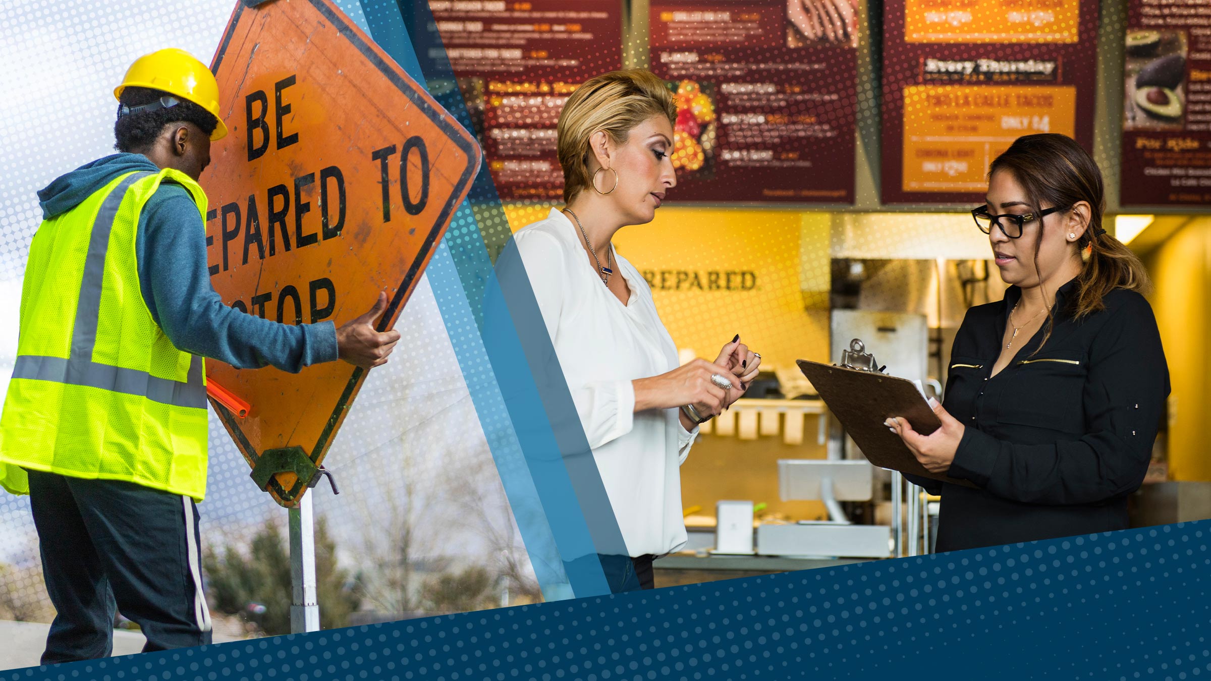 An image of a construction worker combined with an image of two women working in a restaurant