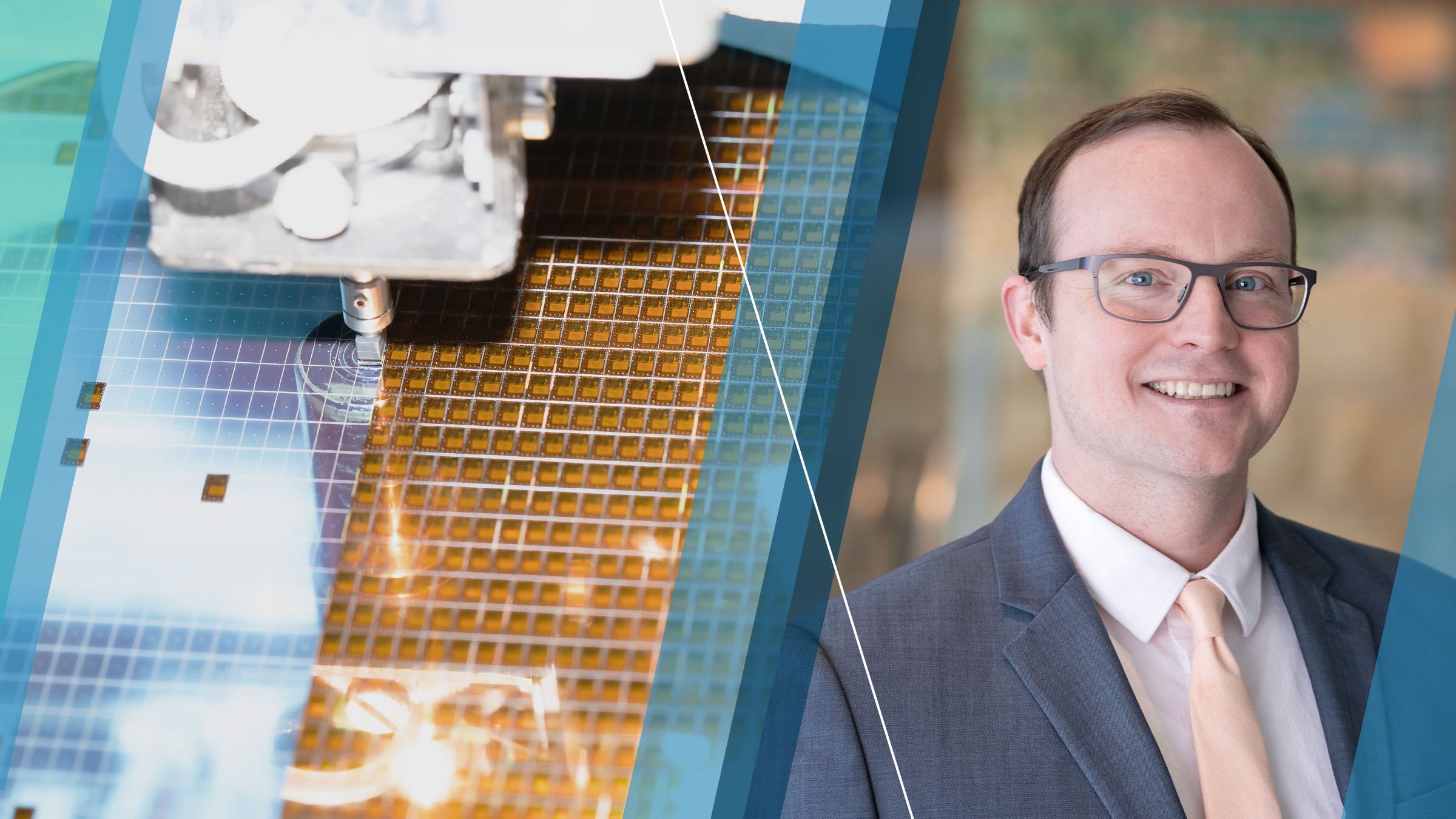 Closeup image of semiconductors being manufactured from a silicon disk beside portrait of Joe Mahon