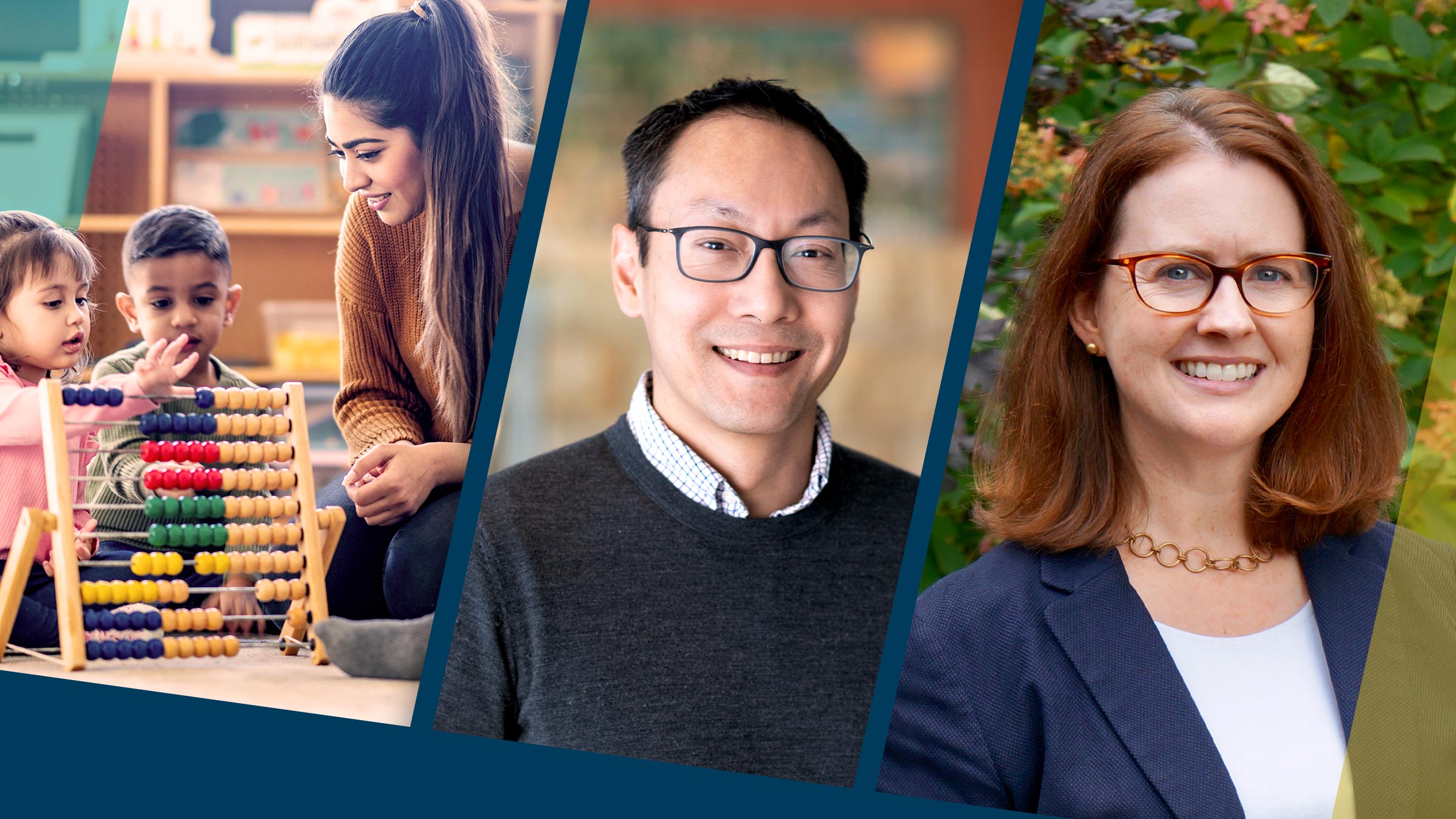 Collage featuring an image of childcare worker with two infants on the right, portrait of Tu-Uyen Tran in the center, and portrait of Suzanne Pearl on the right