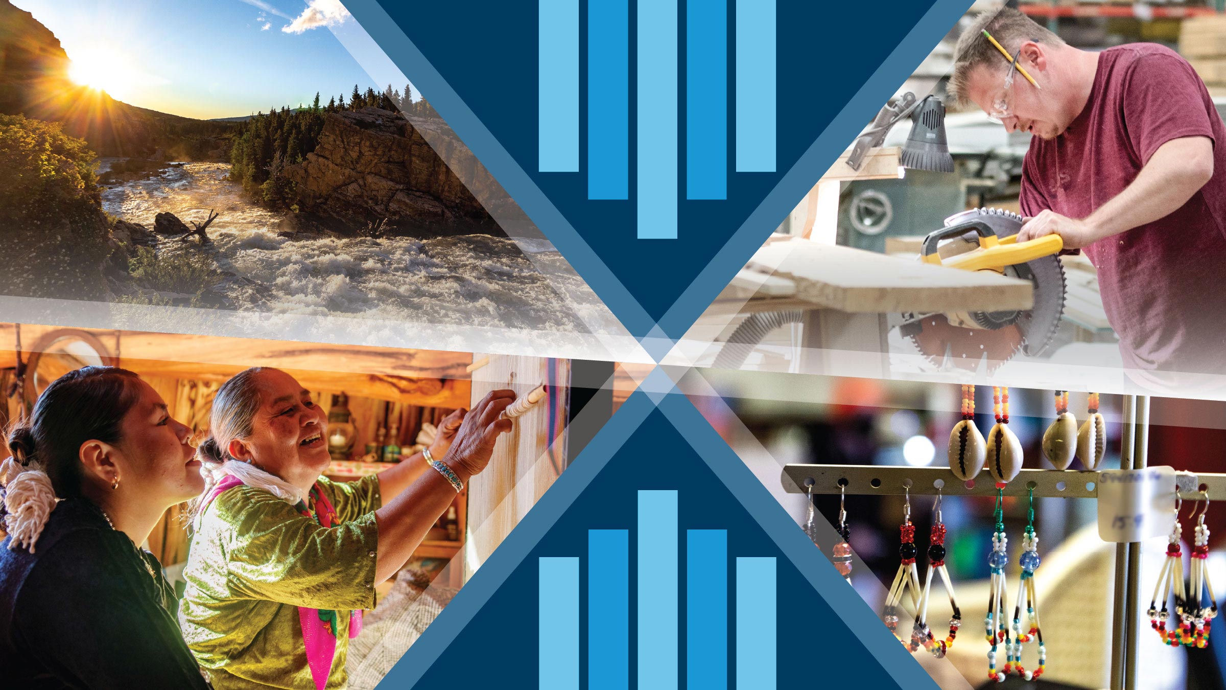 Collage featuring a river landscape, tribal artisans and jewelry, and column chart imagery